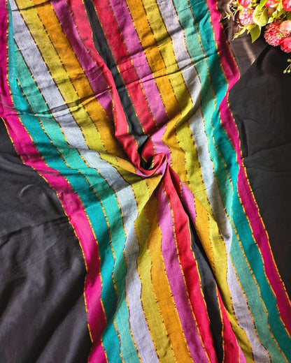 Mul Cotton Handloom Saree - Rainbow Zari - Black MammaHug
