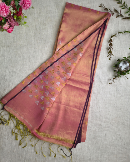 Linen Tissue Saree with Golden Silver Zari weaving - Rose Gold