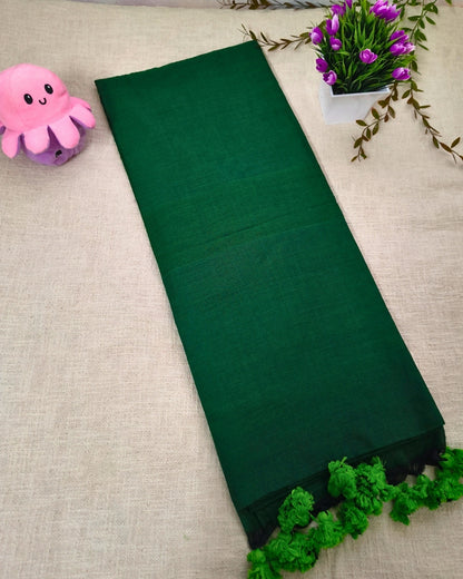 Khadi Cotton Handloom Saree Plain - Bottle Green