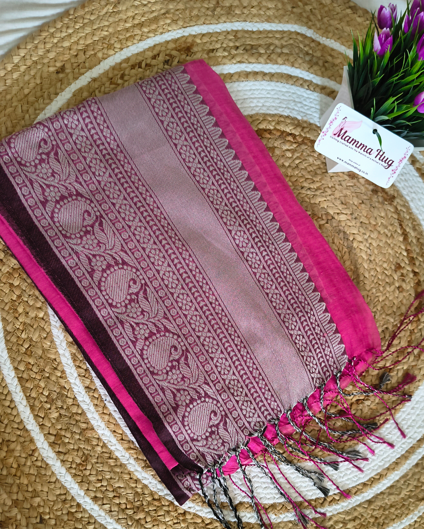 Khadi Tissue Handloom Saree with Thread Woven Border - Pink