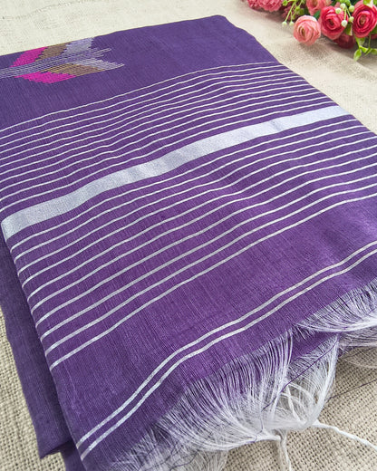 Cotton Silk Handloom Saree Woven with Silver Zari - Purple