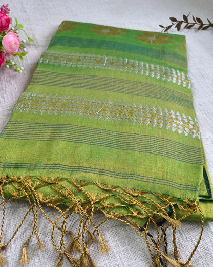 Soft Linen Tissue Saree with Golden Silver Zari weaving - Parrot Green