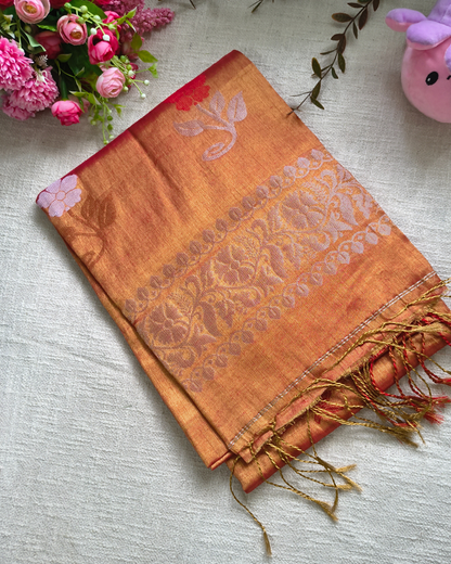 Handloom Metalic Tissue Linen with Jamdhani Weaving Buttas - Sunset Orange