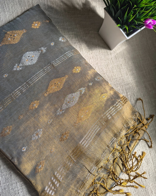 Soft Linen Tissue Saree with Golden Silver Zari weaving-Golden Silver MammaHug