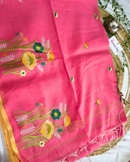 Floral Embroidery Handloom Saree - Slub Cotton (Peach Rose)