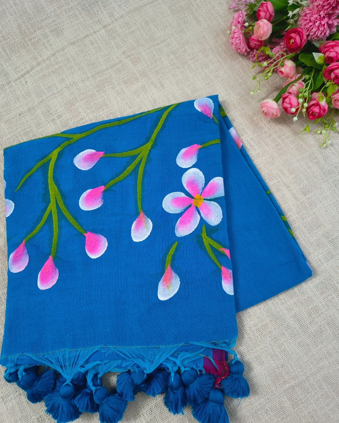 Soft Cotton Handloom Saree with Hand-Painted Floral Design - Vivid Blue MammaHug