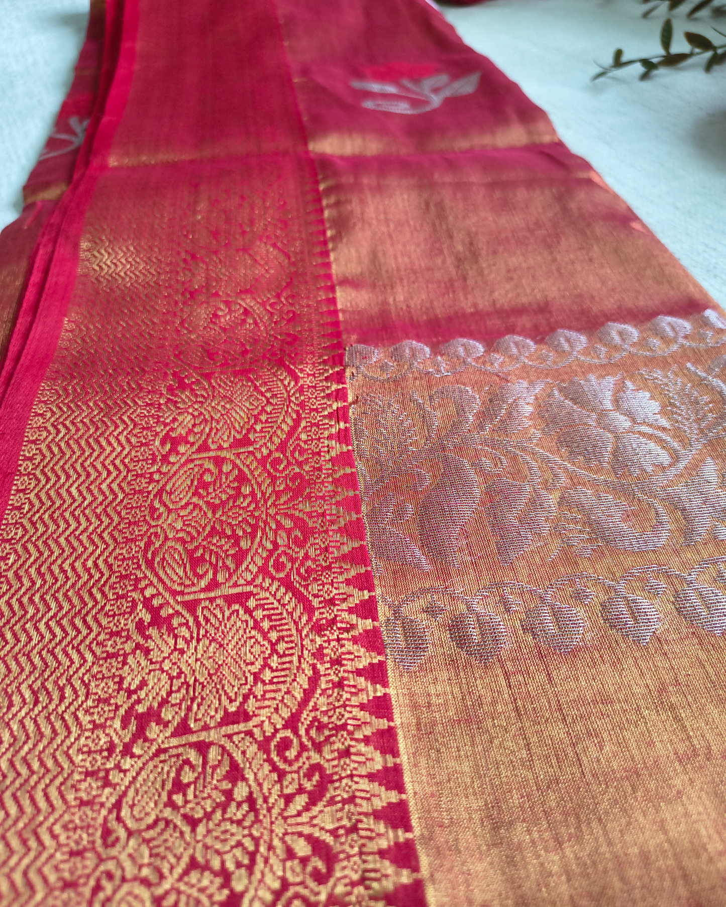 Handloom Metalic Tissue Linen with Jamdhani Weaving Buttas - Sunset Orange