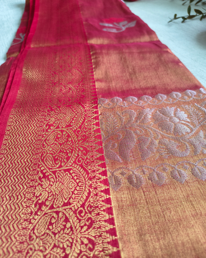 Handloom Metalic Tissue Linen with Jamdhani Weaving Buttas - Sunset Orange