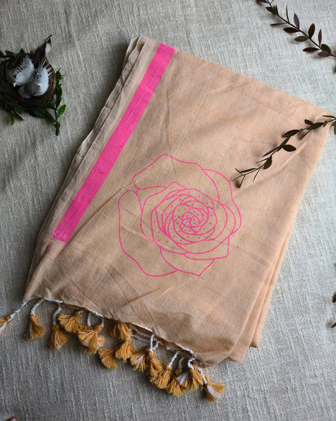 Khadi Cotton Handloom Saree with Printed Floral Design - Beige