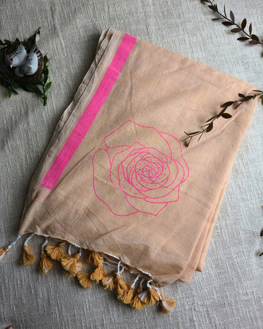 Khadi Cotton Handloom Saree with Printed Floral Design - Beige