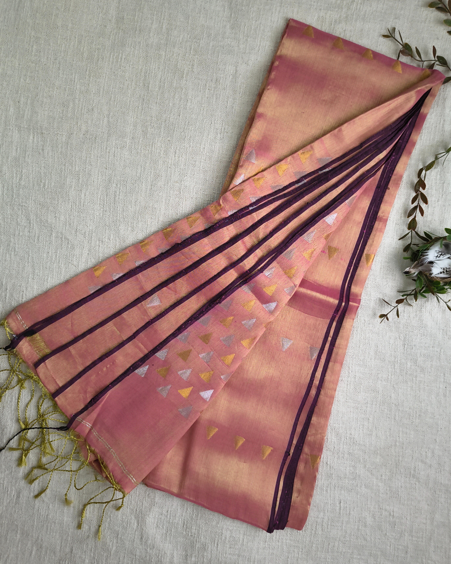 Linen Tissue Saree with Golden Silver Zari weaving - Rose Gold