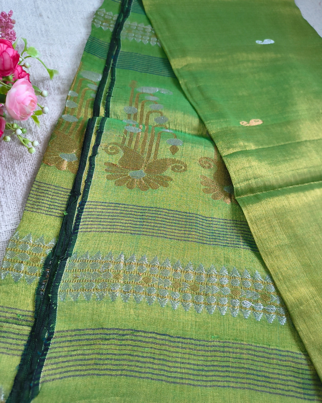 Soft Linen Tissue Saree with Golden Silver Zari weaving - Parrot Green