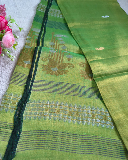 Soft Linen Tissue Saree with Golden Silver Zari weaving - Parrot Green