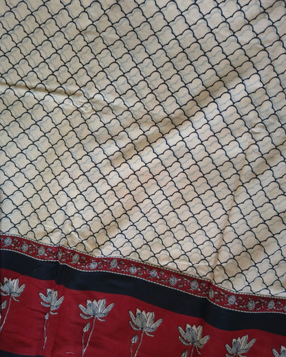 Ajrakh Block Print 120s Mul Cotton Saree - Cream MammaHug