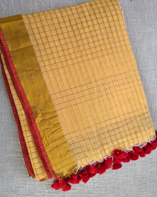 Mul Cottom Zari Checks Handloom Saree with contrast border - Yellow