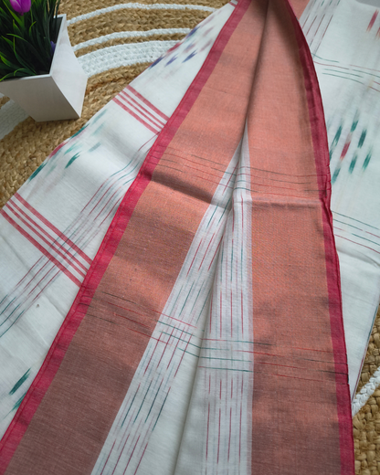 Pure Cotton Handloom Saree with Ikkat Design - White