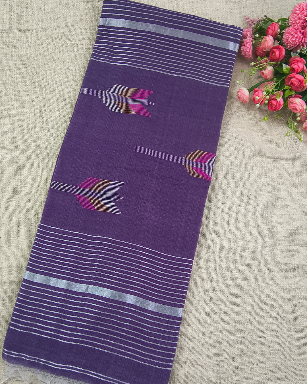 Cotton Silk Handloom Saree Woven with Silver Zari - Purple