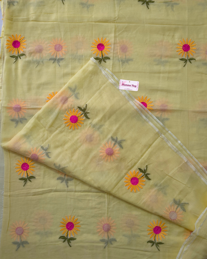 Mul Cottom Handloom Saree Flower Embroidery - Yellow