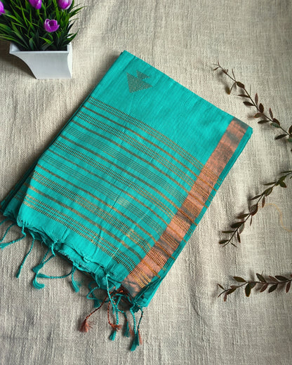 Pure Cottom Handloom Saree with Copper Zari weaving - Cyan Charm
