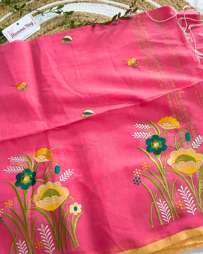 Floral Embroidery Handloom Saree - Slub Cotton (Peach Rose)