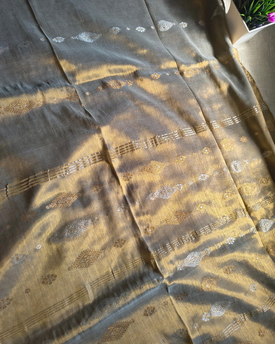 Soft Linen Tissue Saree with Golden Silver Zari weaving-Golden Silver MammaHug