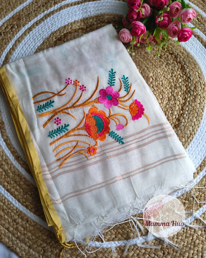 Floral Embroidery Handloom Saree - Slub Cotton (White-Orange)