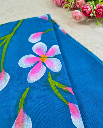 Soft Cotton Handloom Saree with Hand-Painted Floral Design - Vivid Blue MammaHug
