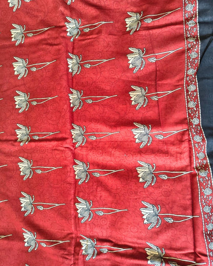 Ajrakh Block Print 120s Mul Cotton Saree - Cream MammaHug