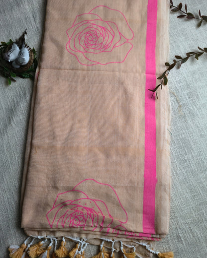 Khadi Cotton Handloom Saree with Printed Floral Design - Beige