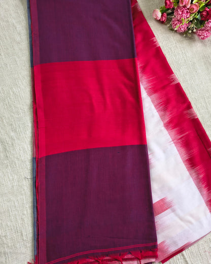 Pure Cottom Handloom Saree - Ikkat Geometry - White & Red