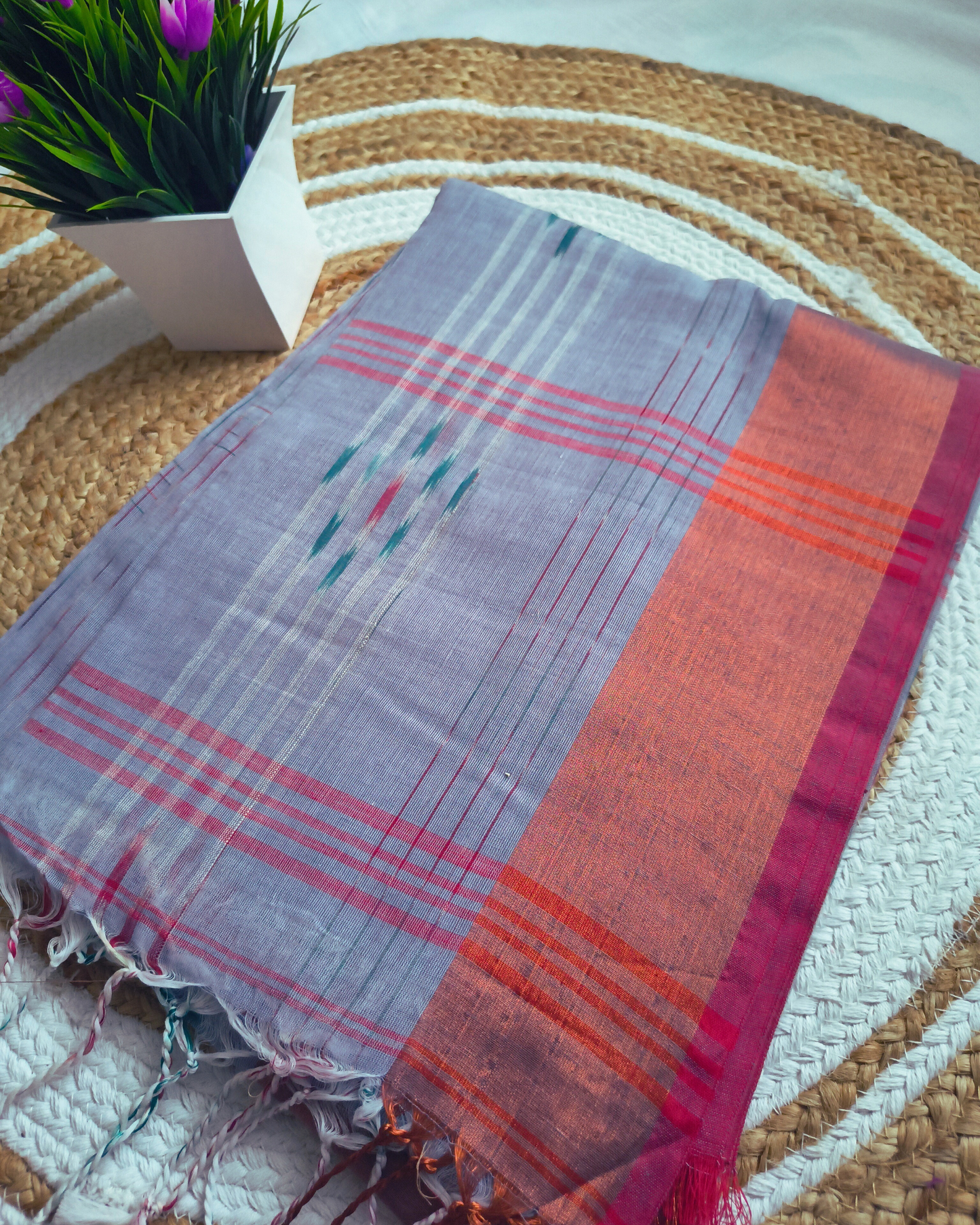 Pure Cotton Handloom Saree with Ikkat Design - Bluish grey