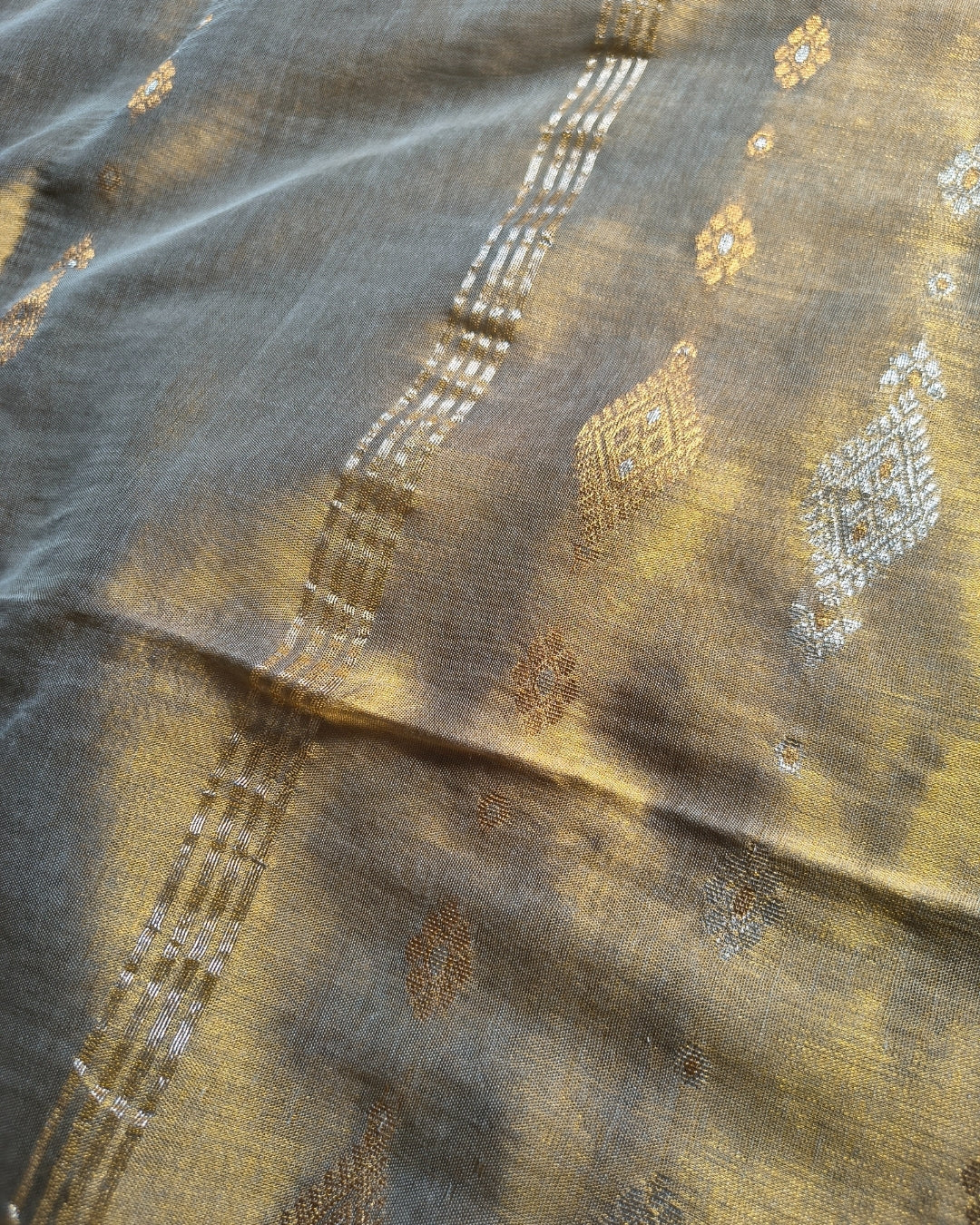 Soft Linen Tissue Saree with Golden Silver Zari weaving-Golden Silver MammaHug