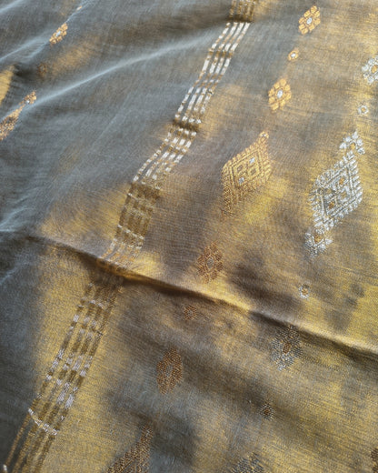 Soft Linen Tissue Saree with Golden Silver Zari weaving-Golden Silver MammaHug