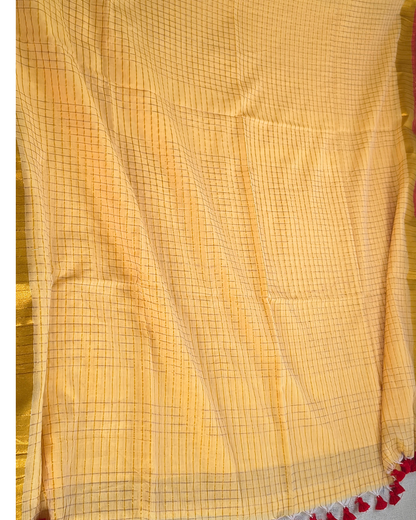 Mul Cotton Zari Checks Handloom Saree with contrast border - Yellow MammaHug