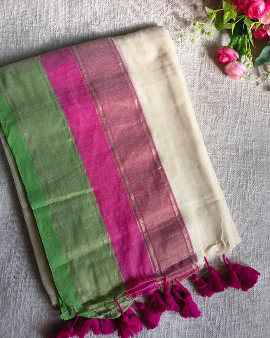 Mul Cotton Handloom Saree - Double Border - Pink & Green