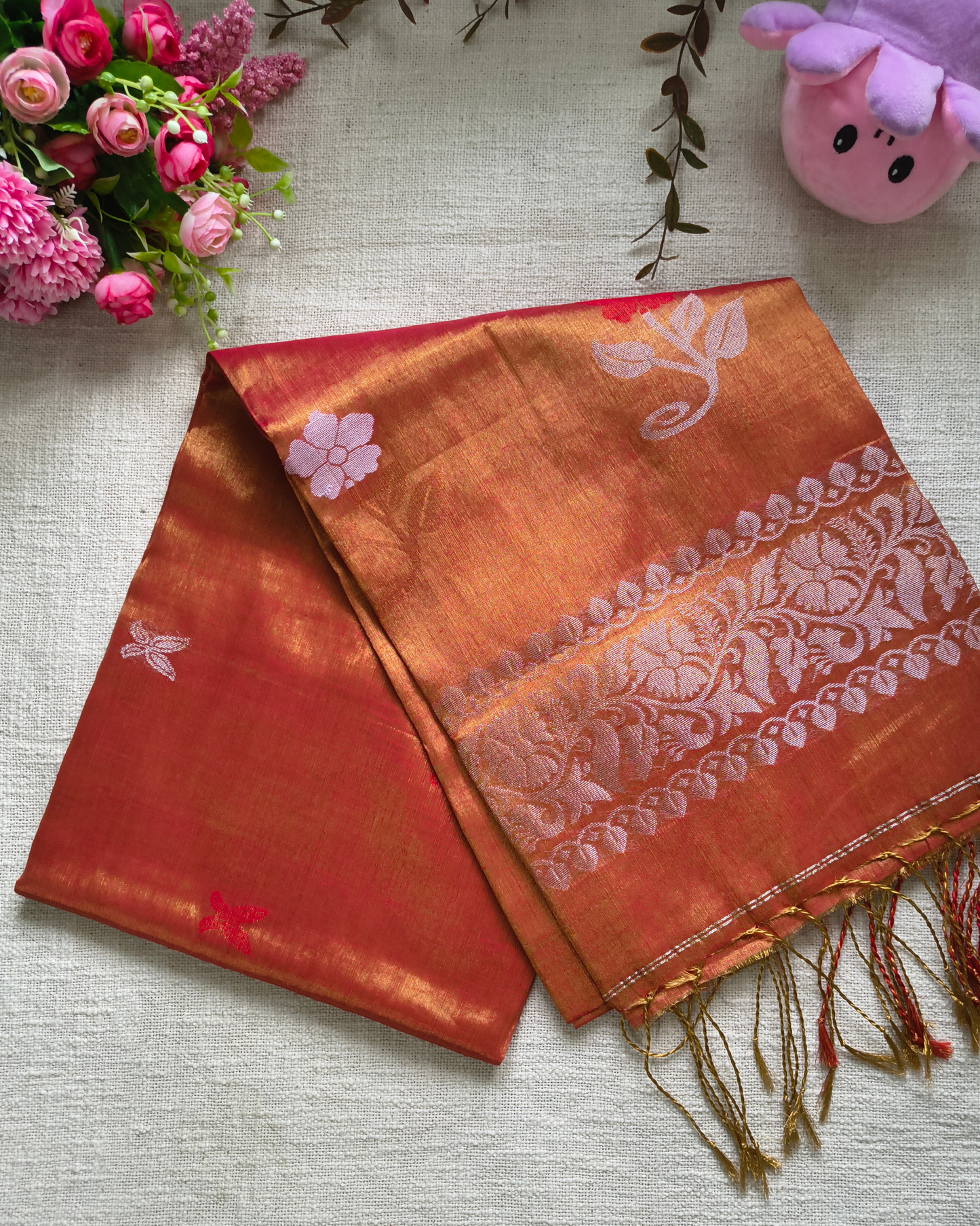 Handloom Metalic Tissue Linen with Jamdhani Weaving Buttas - Sunset Orange
