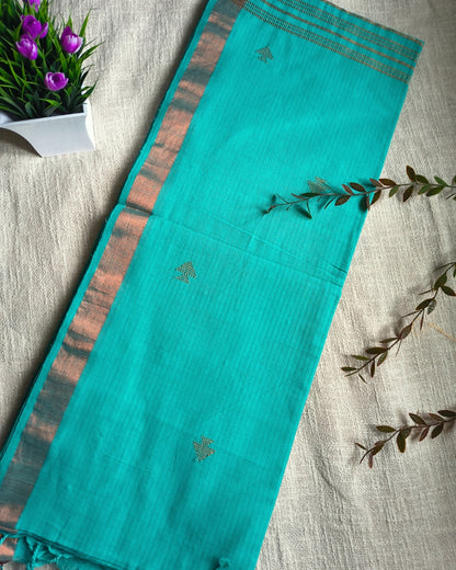 Pure Cottom Handloom Saree with Copper Zari weaving - Cyan Charm