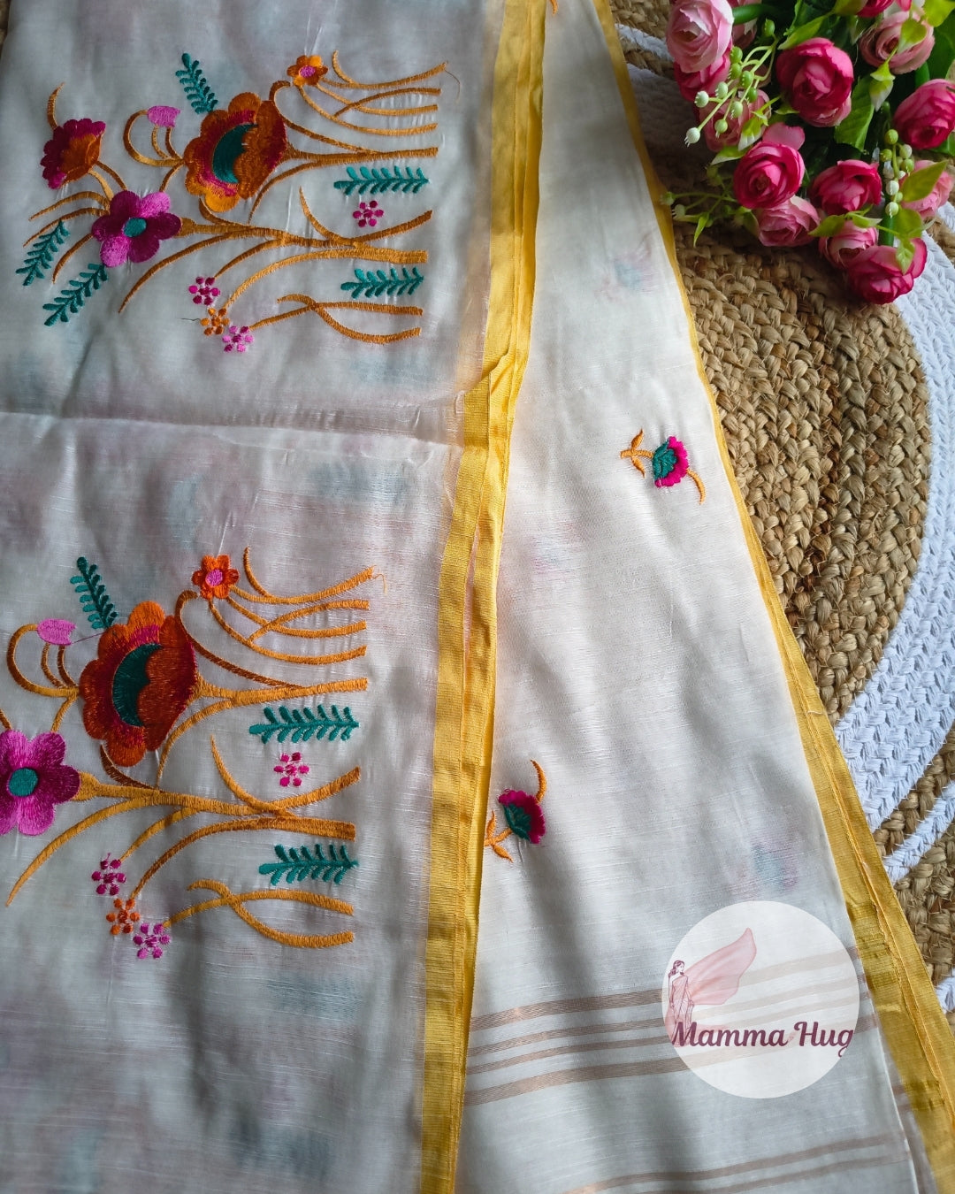 Floral Embroidery Handloom Saree - Slub Cotton (White-Orange)