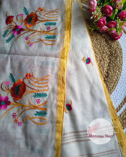Floral Embroidery Handloom Saree - Slub Cotton (White-Orange)