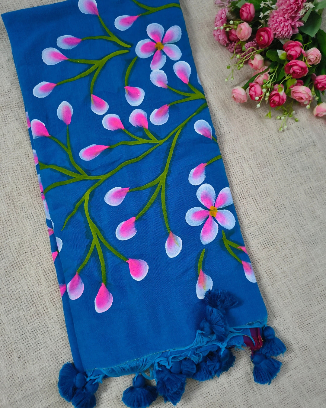 Soft Cotton Handloom Saree with Hand-Painted Floral Design - Vivid Blue MammaHug
