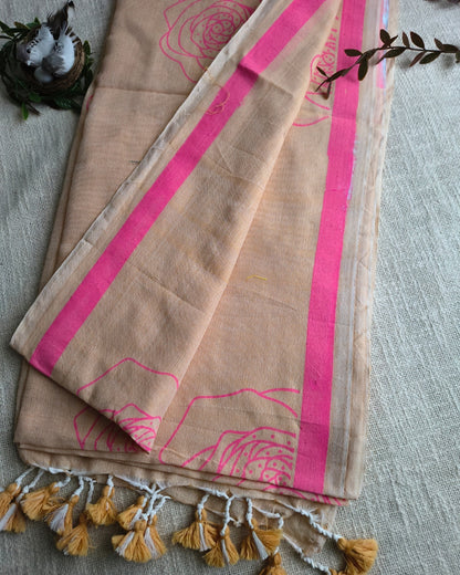 Khadi Cotton Handloom Saree with Printed Floral Design - Beige