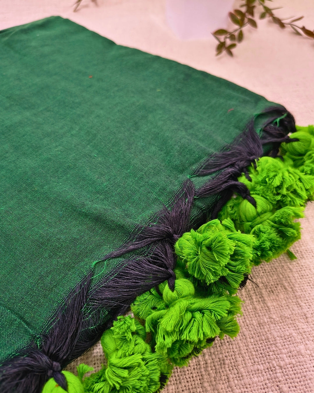 Khadi Cotton Handloom Saree Plain - Bottle Green