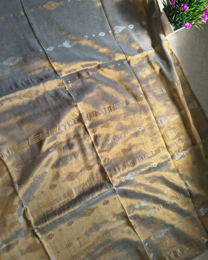 Soft Linen Tissue Saree with Golden Silver Zari weaving-Golden Silver MammaHug