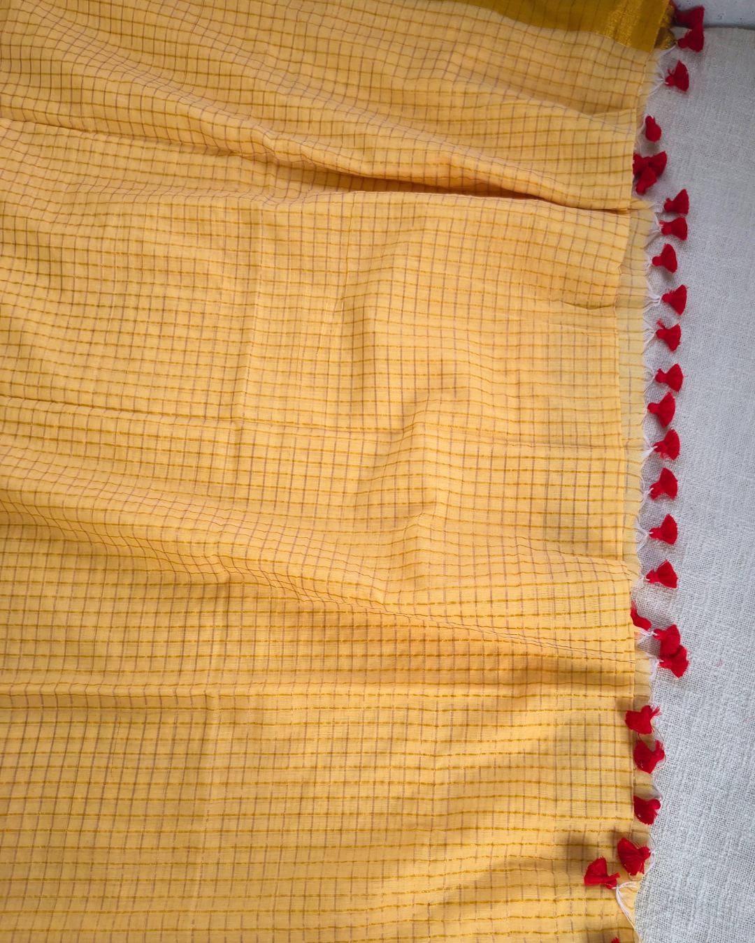 Mul Cotton Zari Checks Handloom Saree with contrast border - Yellow MammaHug