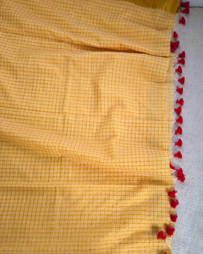 Mul Cotton Zari Checks Handloom Saree with contrast border - Yellow MammaHug