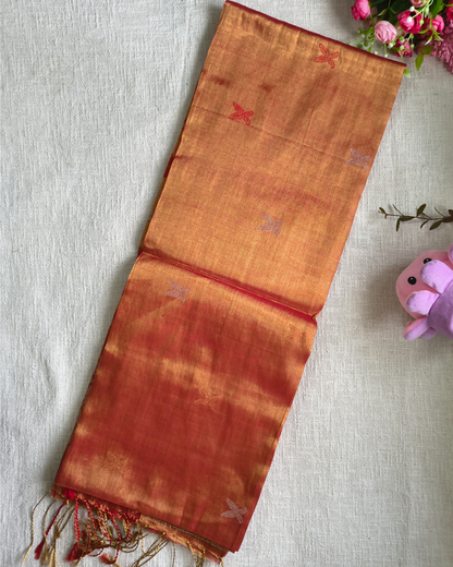Handloom Metalic Tissue Linen with Jamdhani Weaving Buttas - Sunset Orange