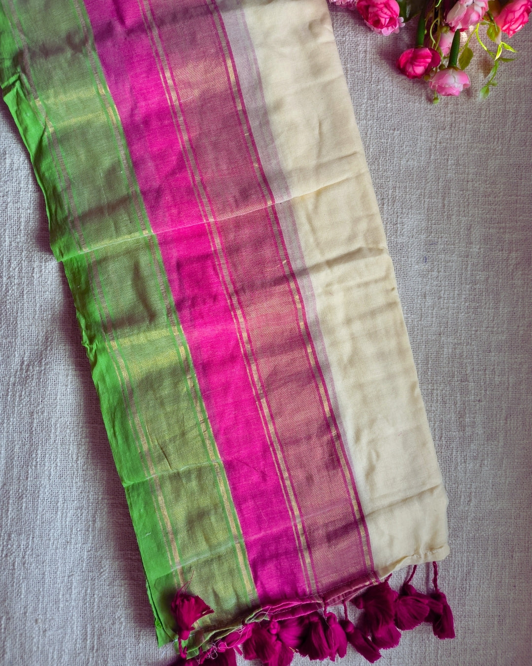 Mul Cotton Handloom Saree - Double Border - Pink & Green MammaHug