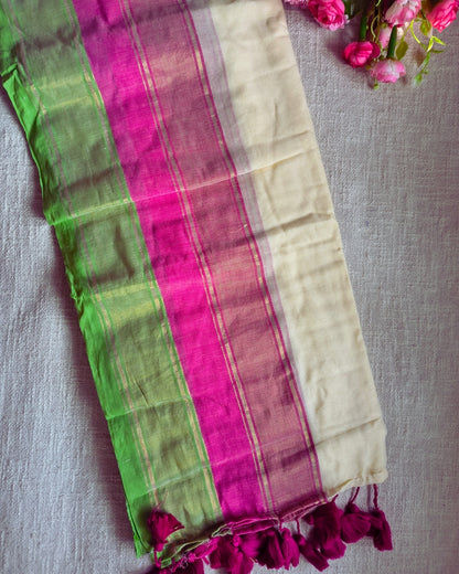 Mul Cotton Handloom Saree - Double Border - Pink & Green MammaHug