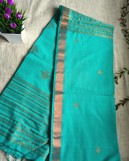 Pure Cottom Handloom Saree with Copper Zari weaving - Cyan Charm