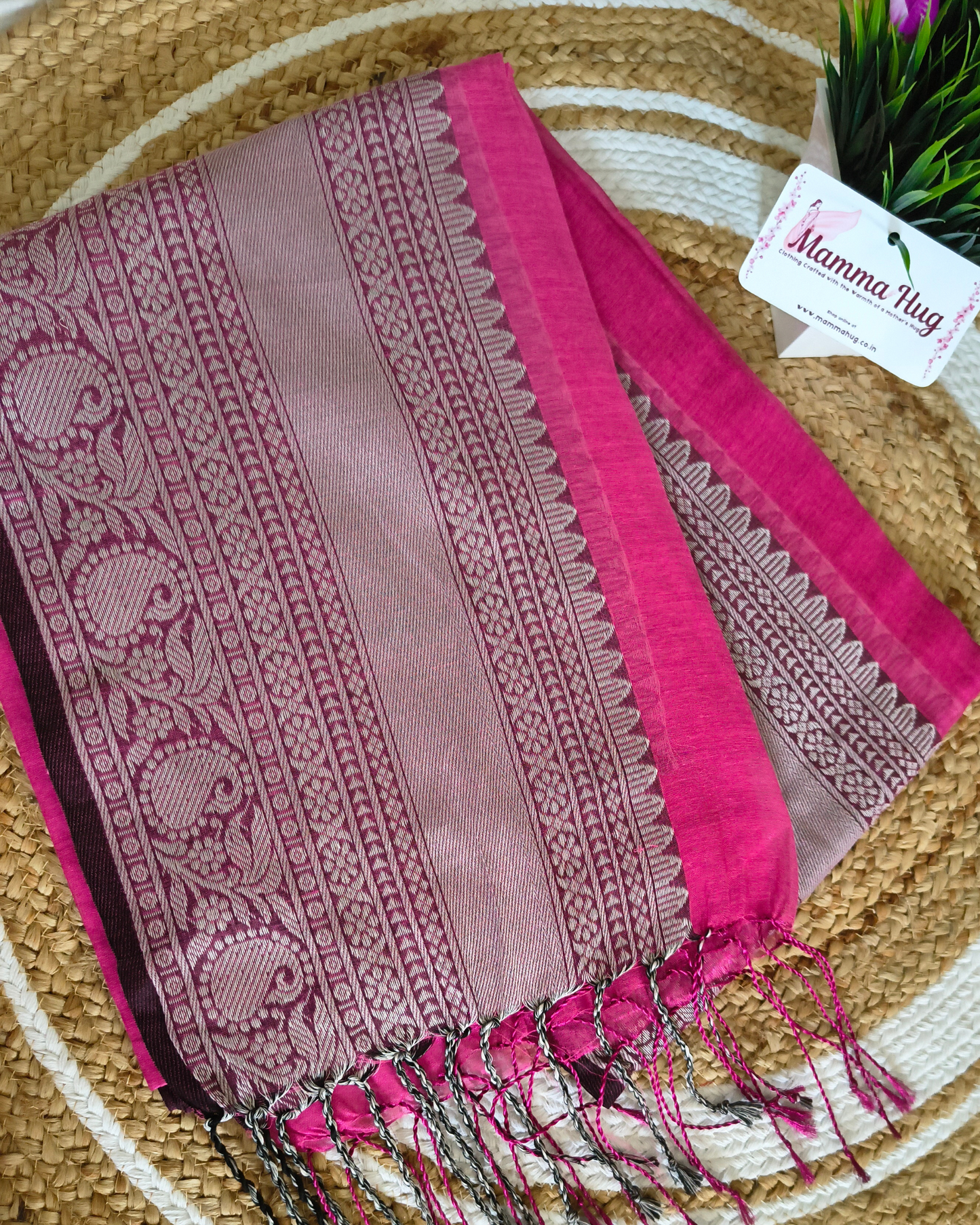 Khadi Tissue Handloom Saree with Thread Woven Border - Pink